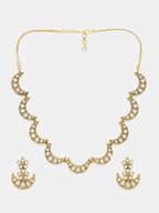 Ruby Raang Gold Polished Kundan Work Gold Half Moon Kundan Necklace With Earrings