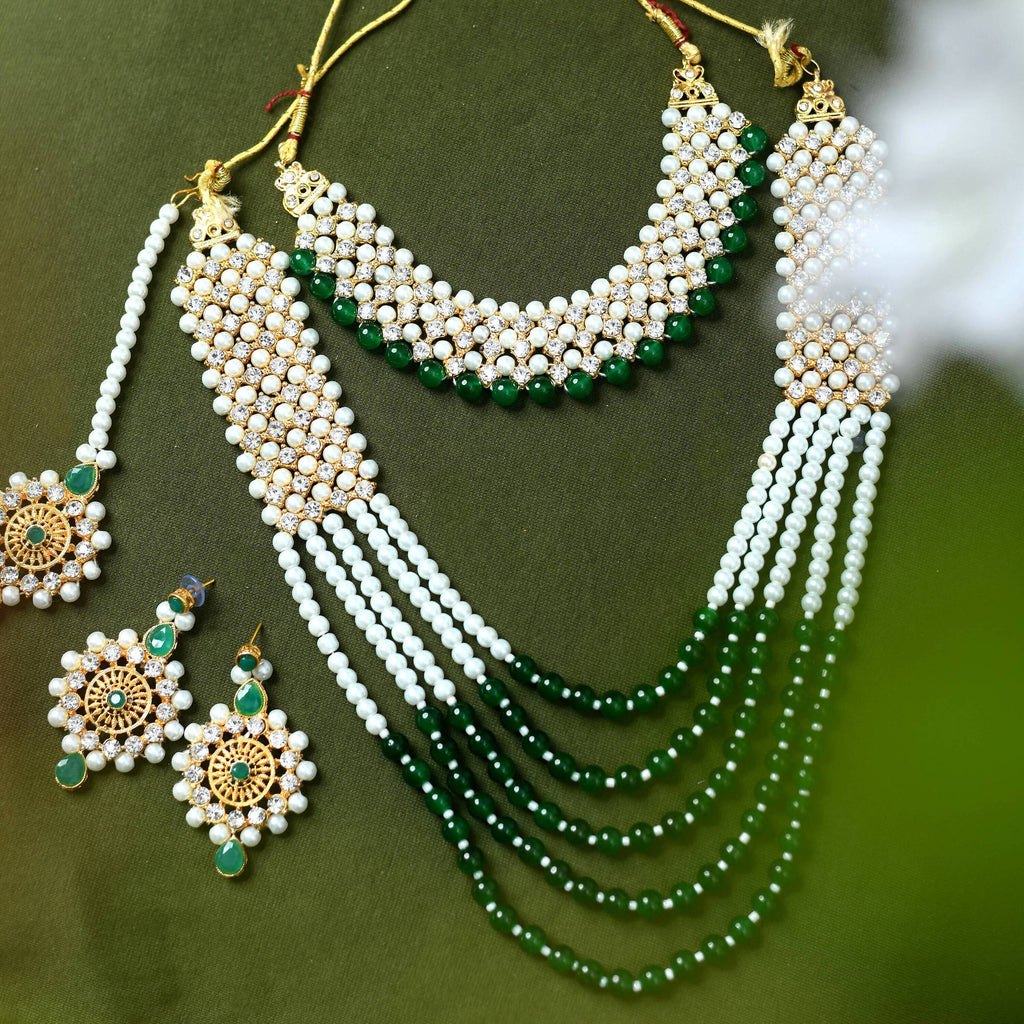 Mominos Fashion Johar Kamal Gold-Plated Rani Haar with Cream Green and Off white Pearls Jewellery Set - Distacart