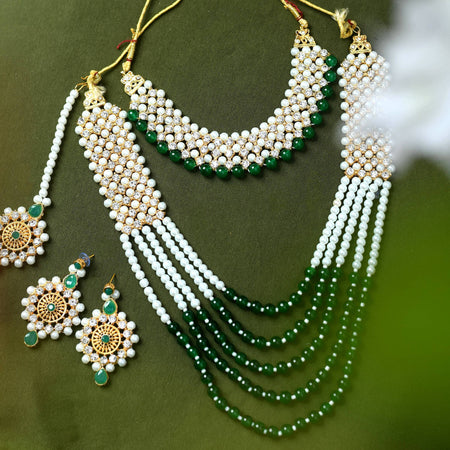Mominos Fashion Johar Kamal Gold-Polished Rani Haar with Cream Green and Off white Pearls Jewellery Set