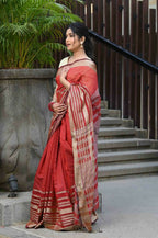 Beatitude Red Cotton Stripes Border Handloom Saree