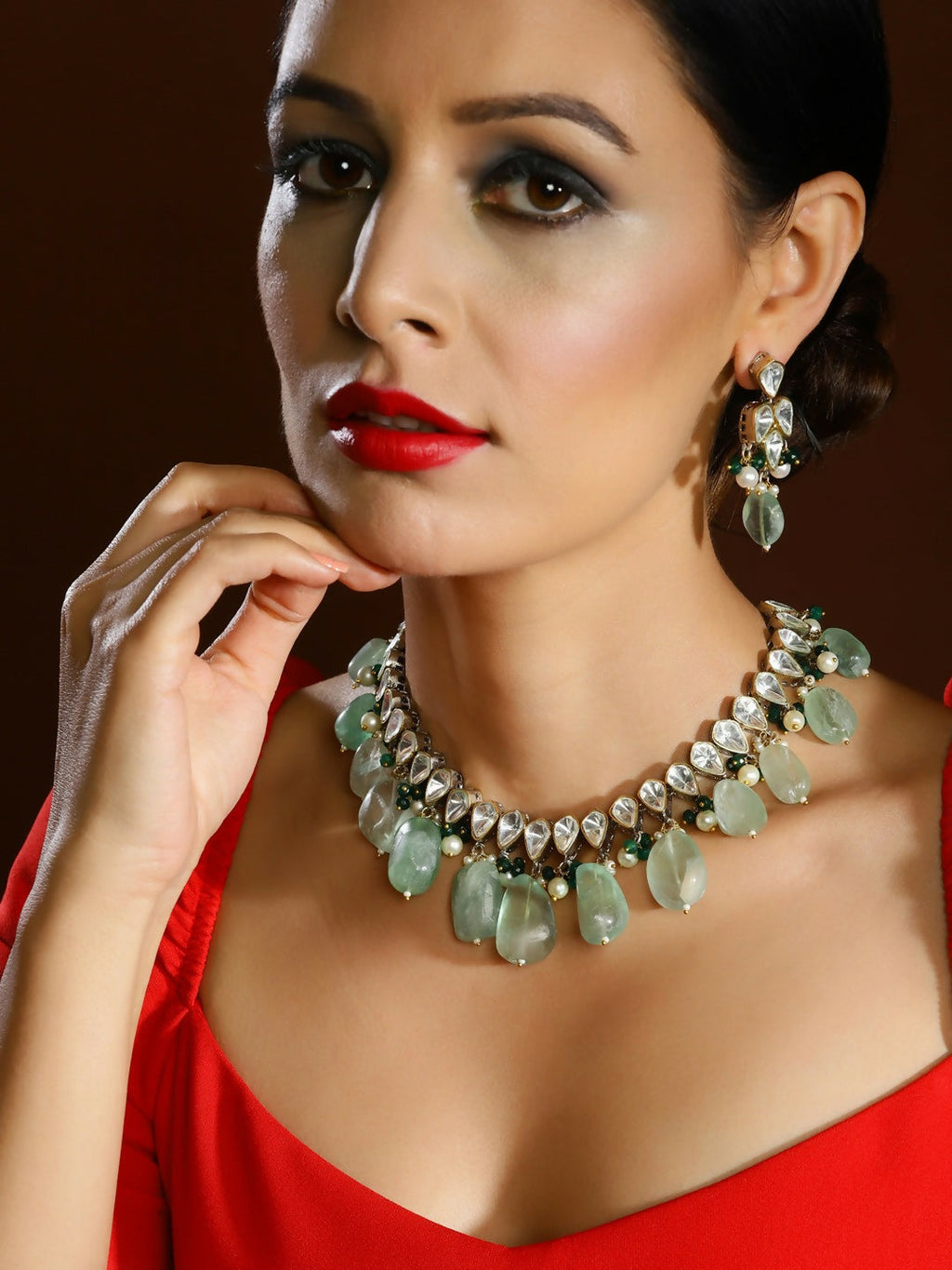 Mint Green Kundan Choker with Earrings- Ruby Raang