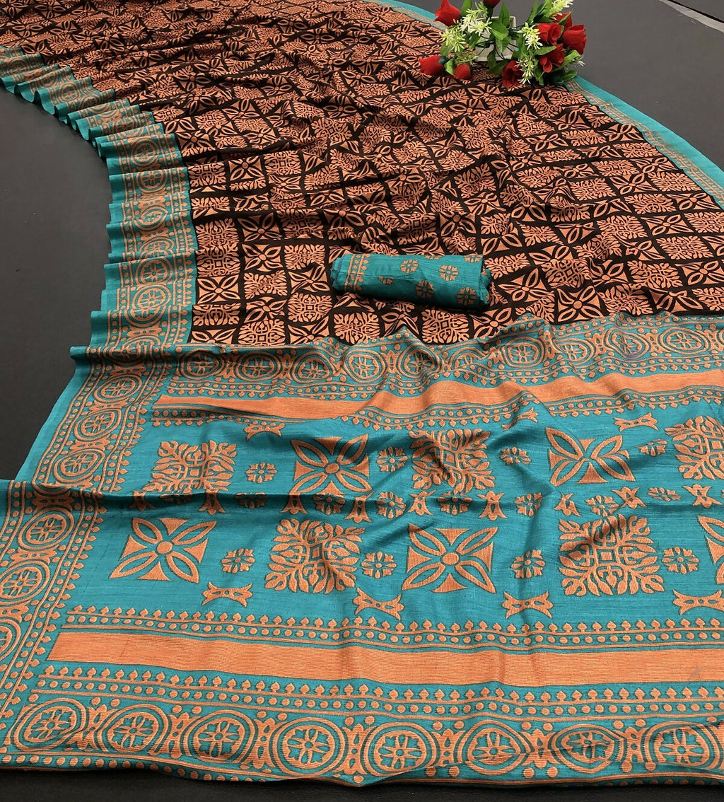 Vamika Brown Printed Art Silk Saree