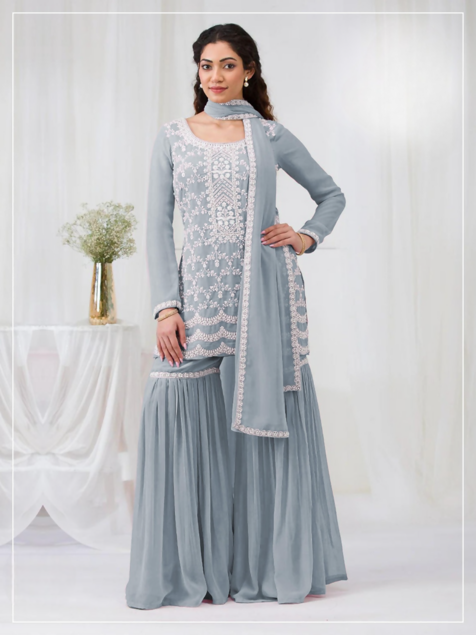 Anaita Sky Blue Faux Georgette Stitched Suit with Embroidery Cotton Thread & Sequence Work - Distacart
