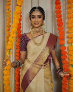 DEIANA'S Beautiful Designer Golden zari Soft Lichi Silk Saree - Cream