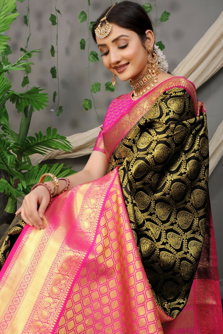 Jyoti Fashion Women's Black Kanjivaram Silk Zari Woven Saree with Blouse
