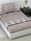 DREAM WEAVERZ Beige Checked 220 TC Glazed Cotton Bedsheet with Pillow Covers