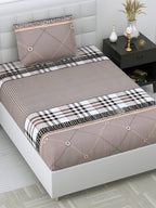 DREAM WEAVERZ Beige Checked 220 TC Glazed Cotton Bedsheet with Pillow Covers