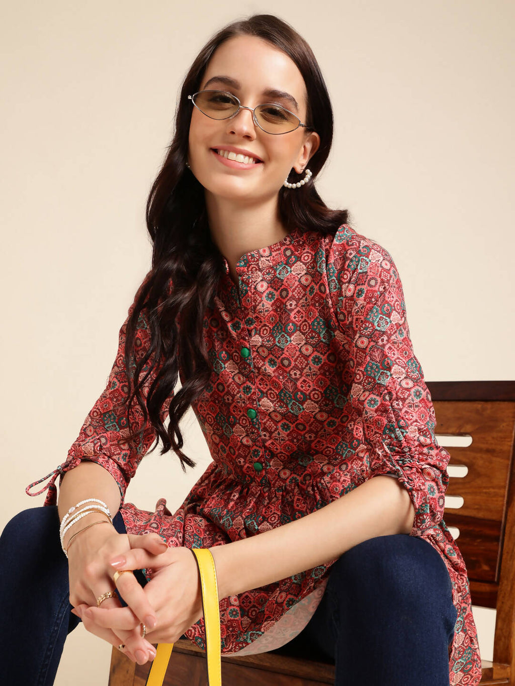 Red Poly Rayon Digital Printed A-line Top - Tarini
