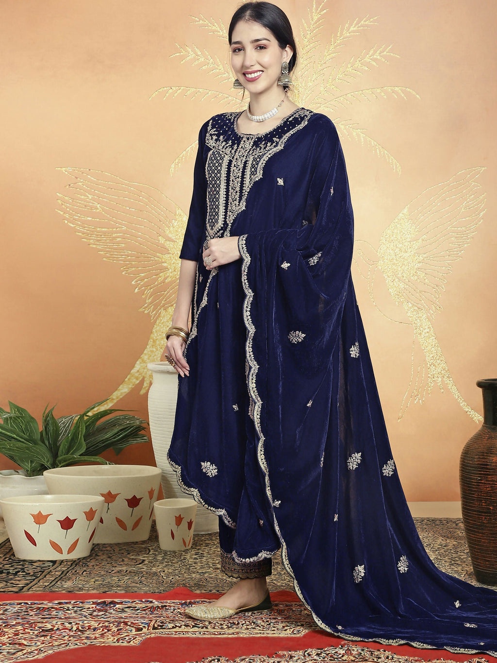Jyoti Fashion Women's Navy Blue Velvet Cording with Resham Thread & Sequin Kurta with Trouser & Dupatta