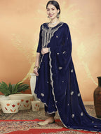Jyoti Fashion Women's Navy Blue Velvet Cording with Resham Thread & Sequin Kurta with Trouser & Dupatta