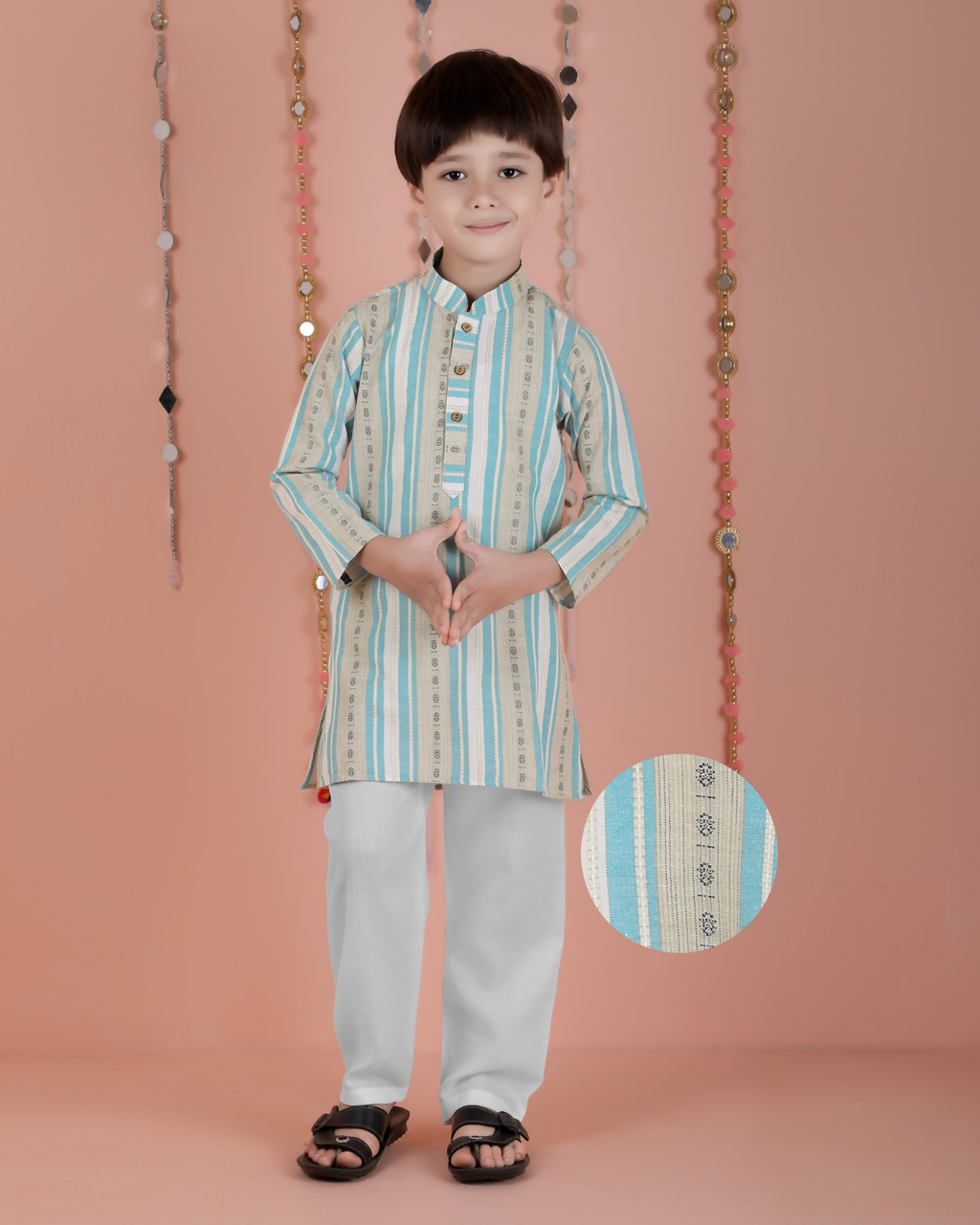 Joban Fashion Kids Island Cotton Full Sleeves Striped Kurta and Pyjama- Blue
