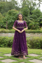 Joban Fashion Purple Georgette Sequence Embroidery Work Gown - Distacart