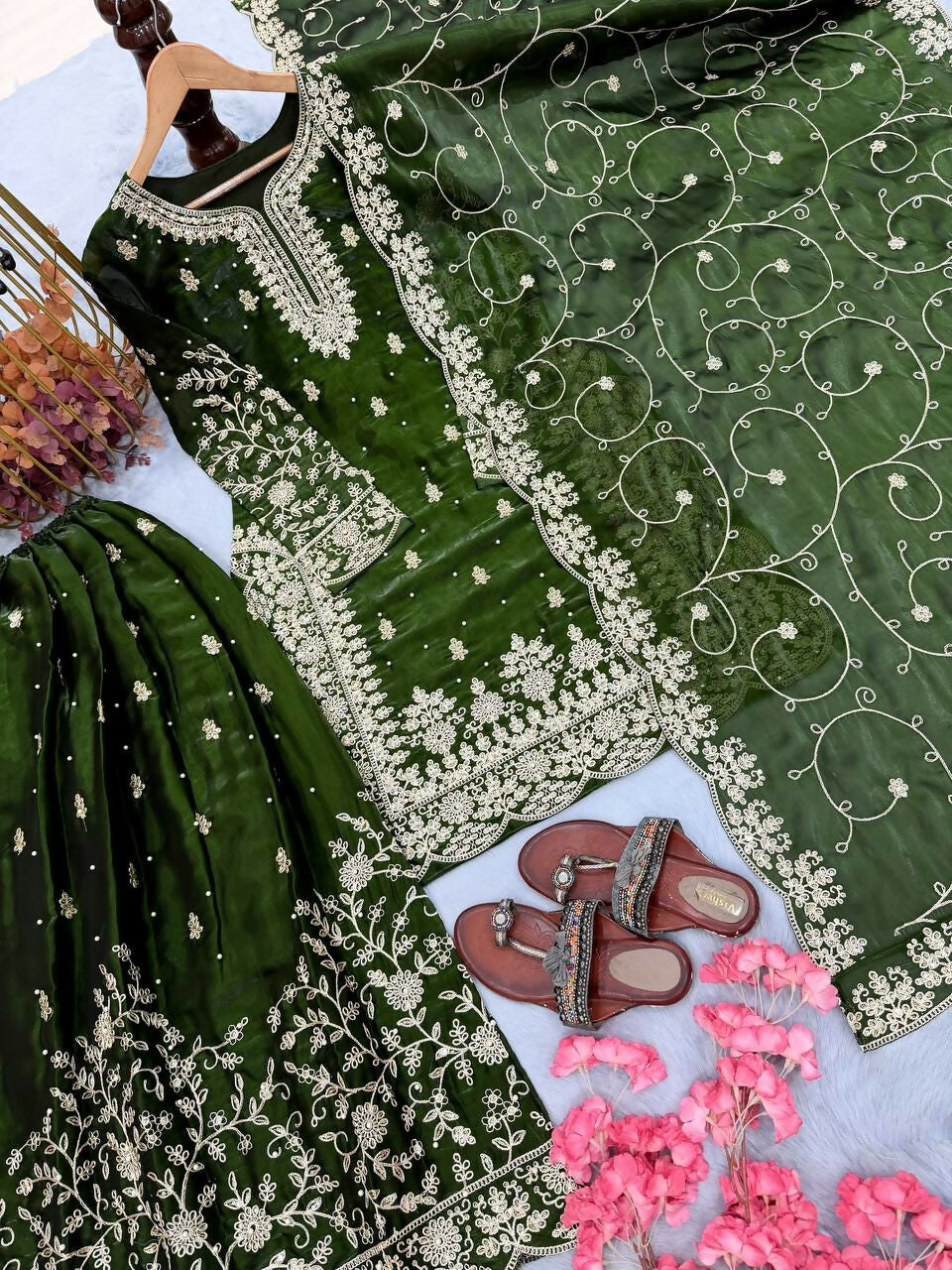 Teeya Creation Green Pure Silk Gimmy Silk Heavy Embroidery Work Wedding Wear Palazzo Pair - Distacart