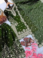 Teeya Creation Green Pure Silk Gimmy Silk Heavy Embroidery Work Wedding Wear Palazzo Pair - Distacart