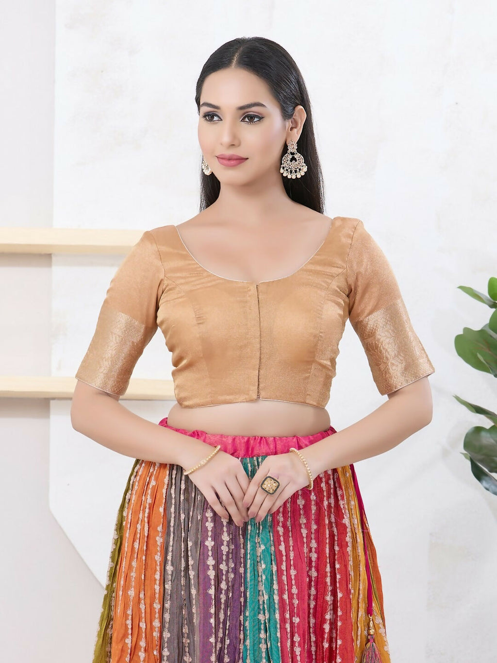 Joban Fashion Gold Brocade Elbow Sleeveless Front Open Blouse
