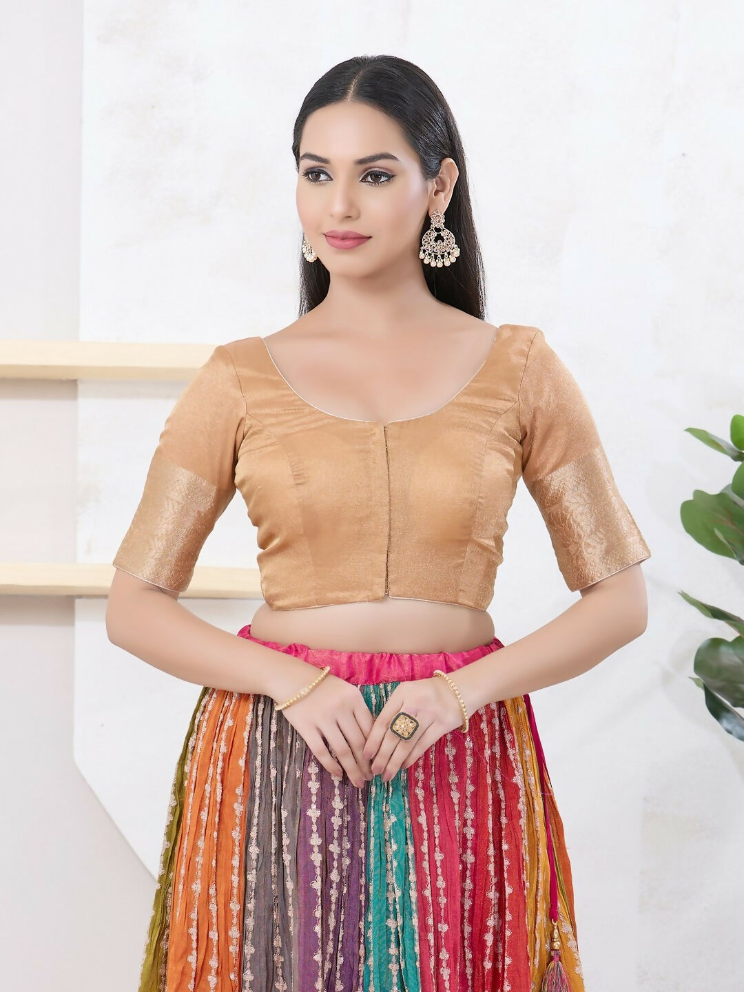 Joban Fashion Gold Brocade Elbow Sleeveless Front Open Blouse