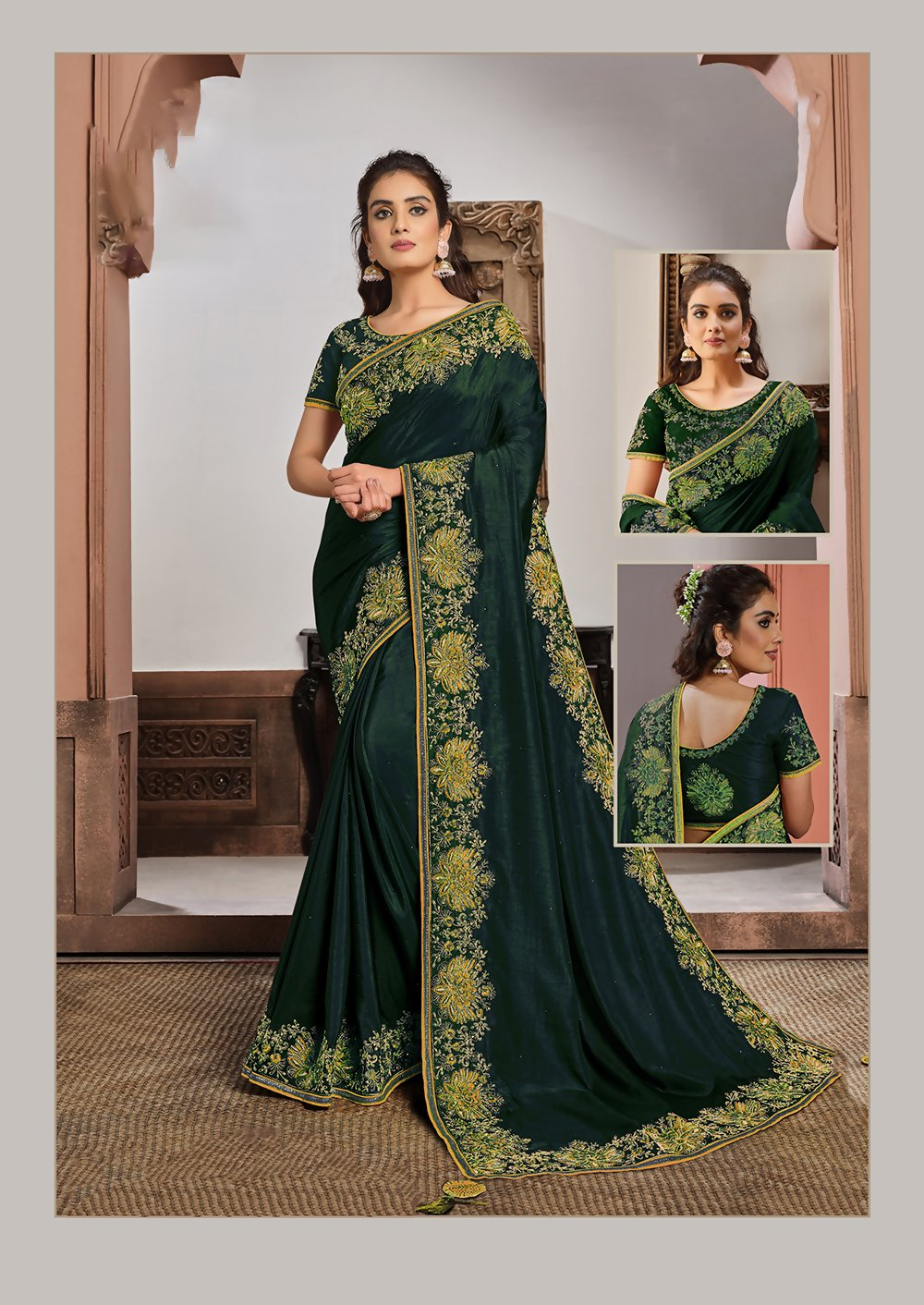 Green Silk Georgettesilk Thread And Cord Embroidery. Tassels Saree - Norita Hit