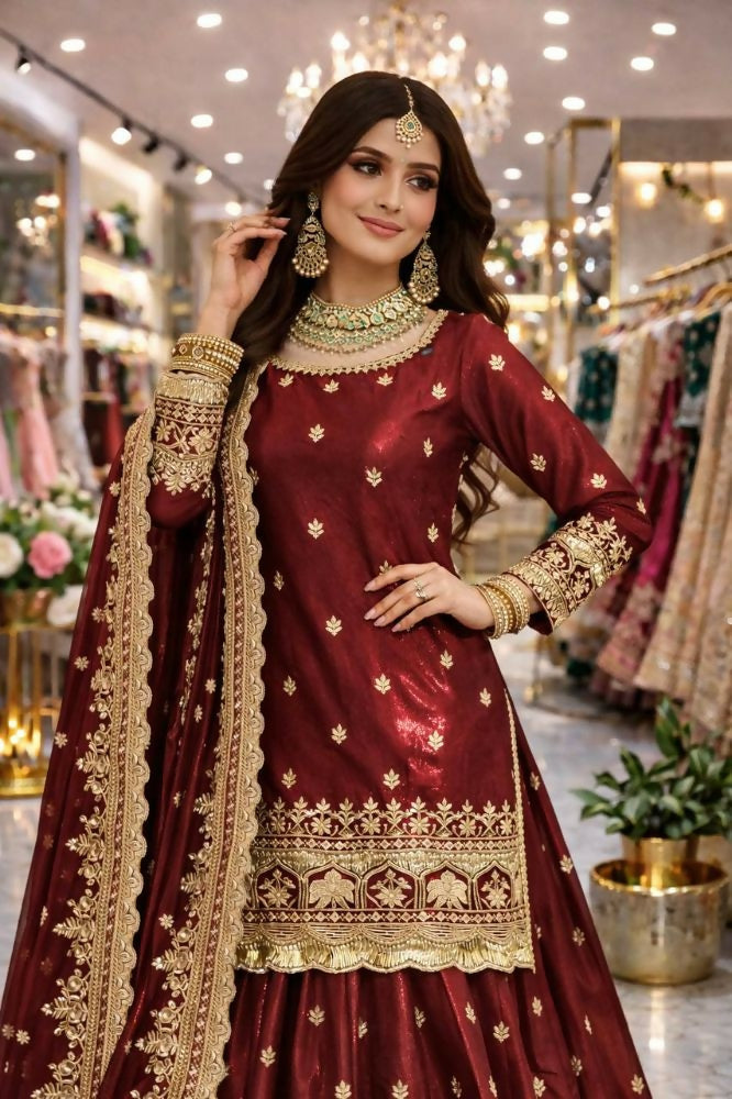 Teeya Creation Maroon Color Fendy Satin Heavy Embroidery Work Wedding Wear Stitched Lehenga Choli - Distacart