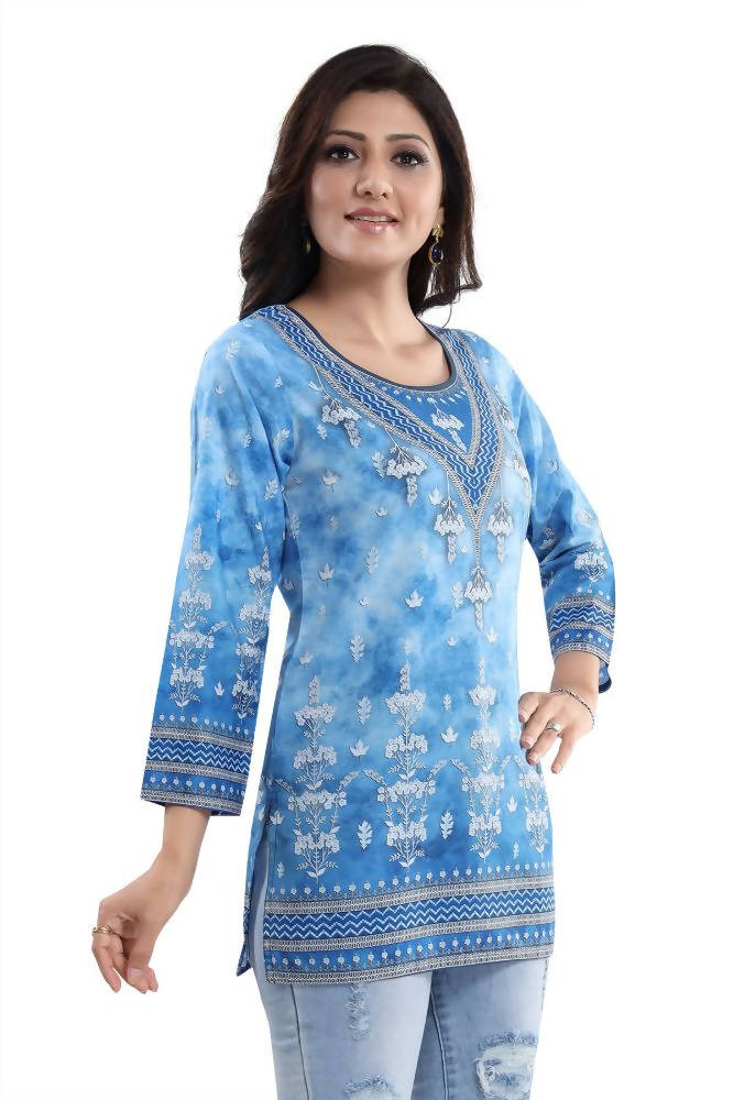 Snehal Creations Novelista Sky Blue Faux Crepe Printed Short Kurti Tunic