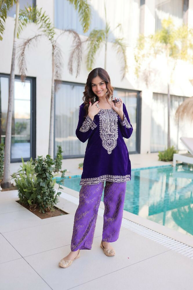Joban Fashion Purple Kurta Set Velvet Sequins , Zari, Coding & Thread Embroidered work - Distacart