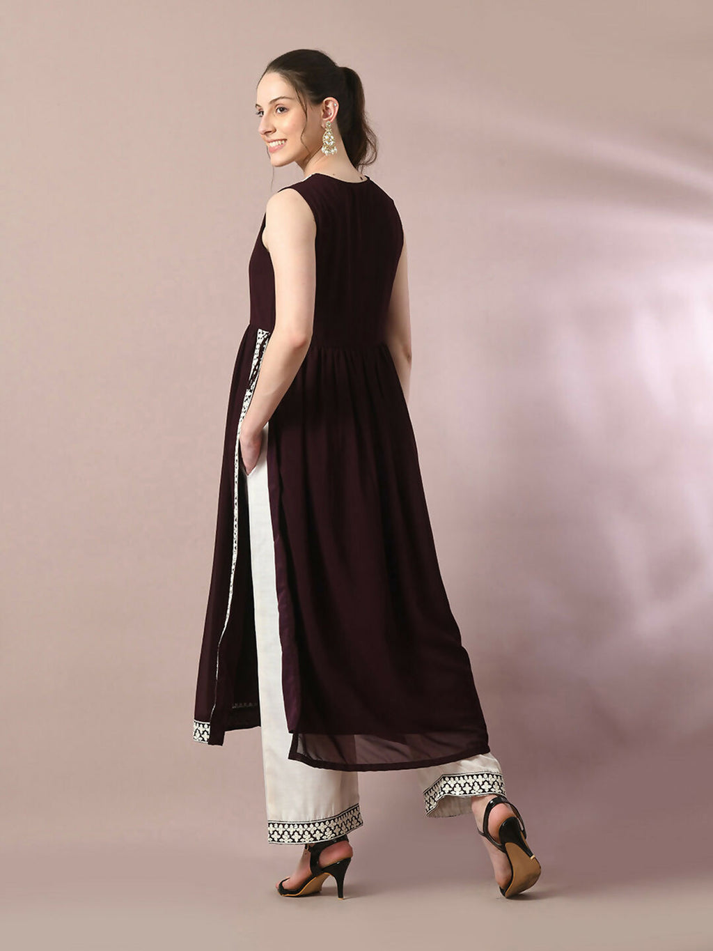 Myshka Women's Coffee Brown Solid Georgette Anarkali Party Kurta Set With Dupatta