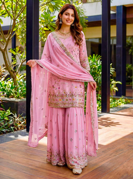 Teeya Creation Pink Faux Georgette Multi Thread Work Wedding Wear Sharara Set