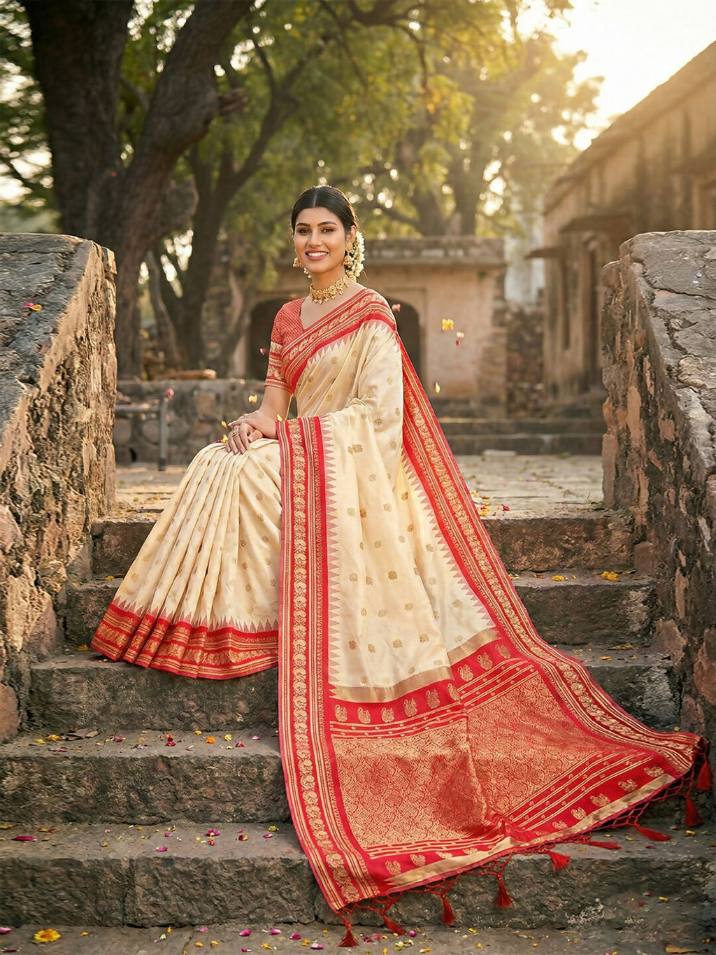 Shree Shyam Fashion Cream Soft Silk Saree - Distacart