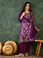 The52 Women's Beautiful Embroidery Work Chinon silk Fabric Straight Kurta Pant and Dupatta Set - Distacart