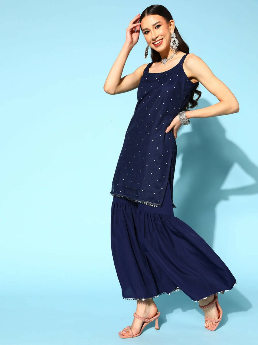 Ahalyaa Women Navy Blue Colour Crepe Foil Printed Kurta Sharara Set With Dupatta - Distacart