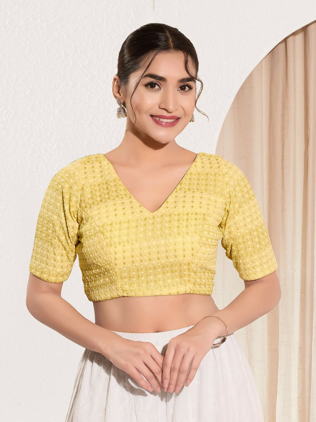Joban Fashion Yellow Crochet Padded Blouse With V Neck Elbow Sleeves - Distacart