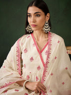 Sangria Off White Floral Embroidered Pure Cotton Mirror Work Kurta & Trouser With Dupatta