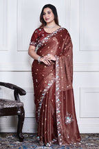 Morchari Brown Pure Chiffon Hand Embroidery Saree And Stitched Blouse - Distacart
