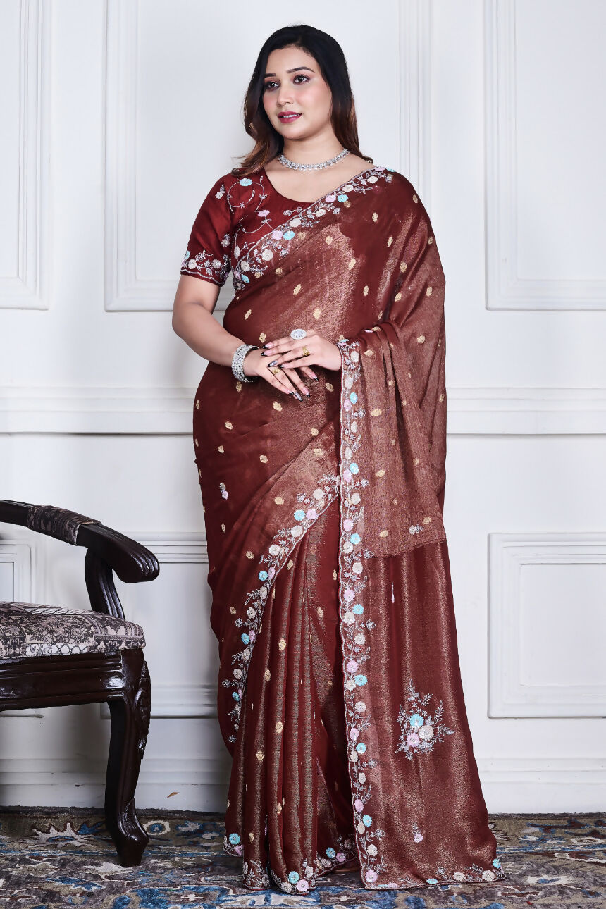 Morchari Brown Pure Chiffon Hand Embroidery Saree And Stitched Blouse - Distacart