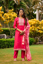 The52 Women's Beautiful Embroidery Work Roman Fabric Straight Kurta Pant and Dupatta Set - Distacart