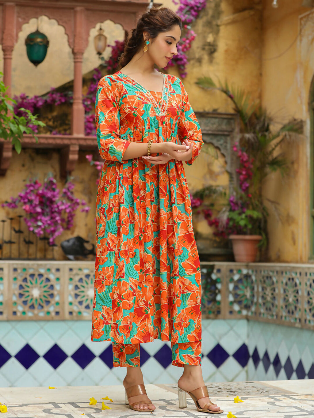 Janasya Orange Cotton Floral Kurta & Bottom