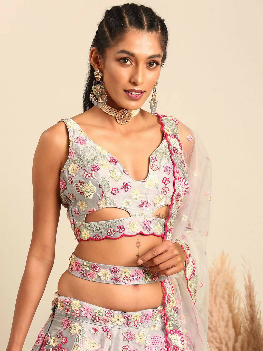 House of Panchhi Grey Organza Sequins and Zarkan embroidery Lehenga choli & Dupatta