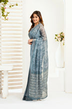 Vastranavya Sea Blue Digital Printed Linen Ready To Wear Designer Saree with Unstitched Blouse - Distacart