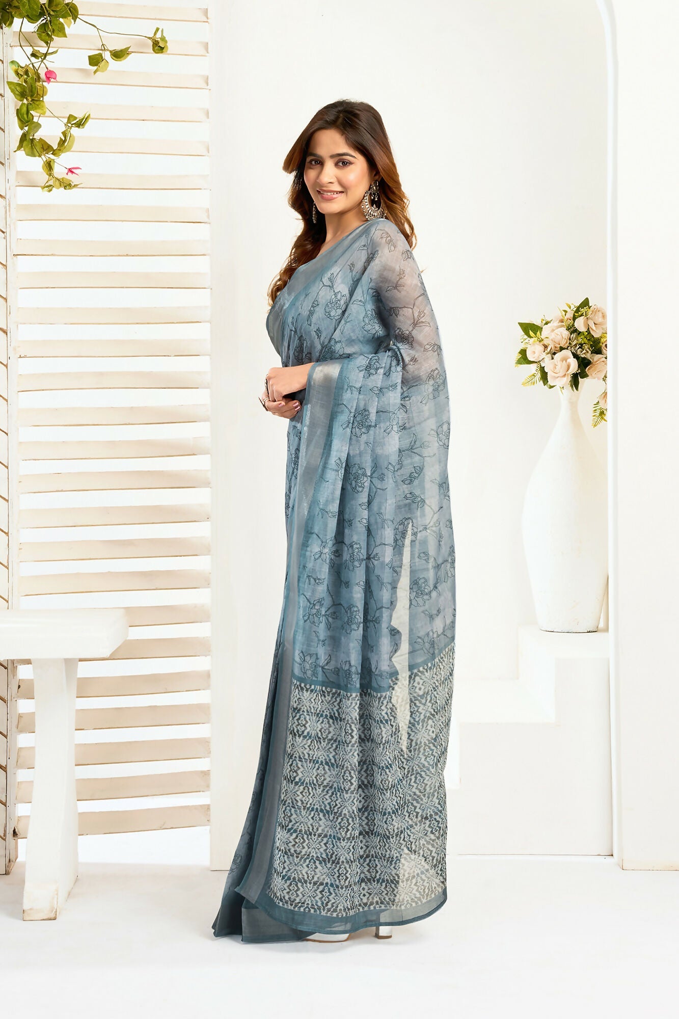 Vastranavya Sea Blue Digital Printed Linen Ready To Wear Designer Saree with Unstitched Blouse - Distacart