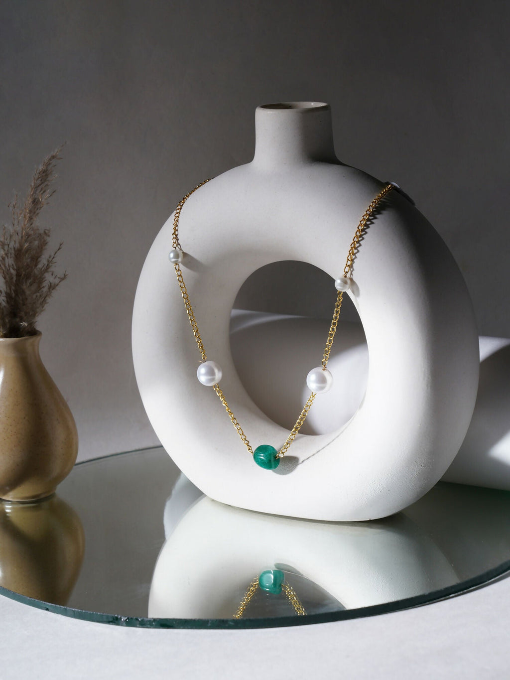 Layered Pearl and Emerald Neckpiece (gold) - Ruby Raang
