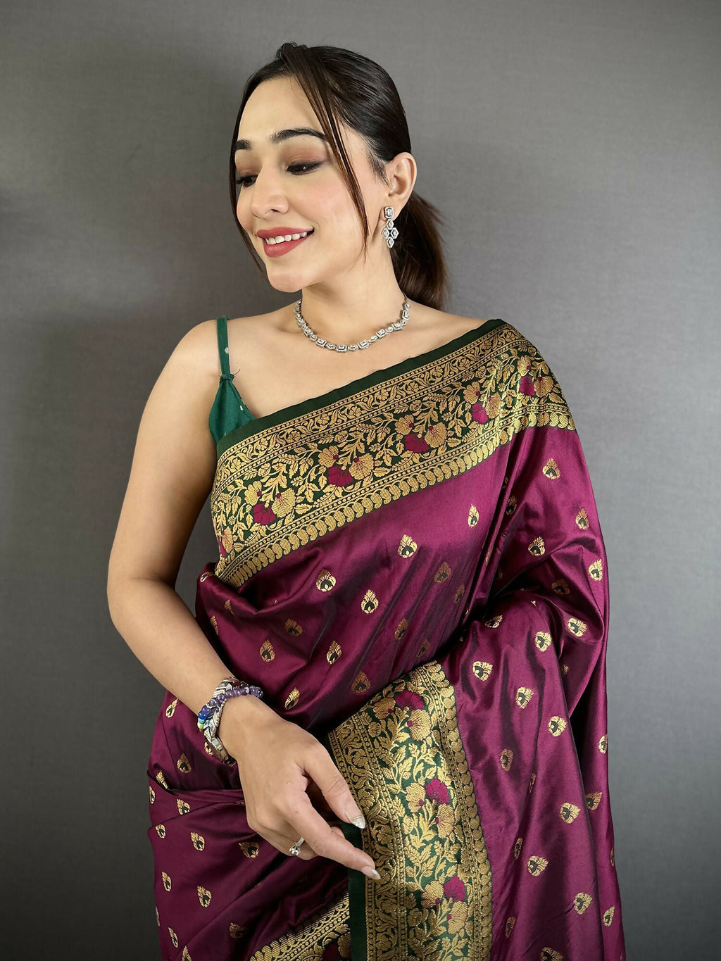 Joban Fashion Wine Intricate Motifs Soft Silk Banarasi Saree