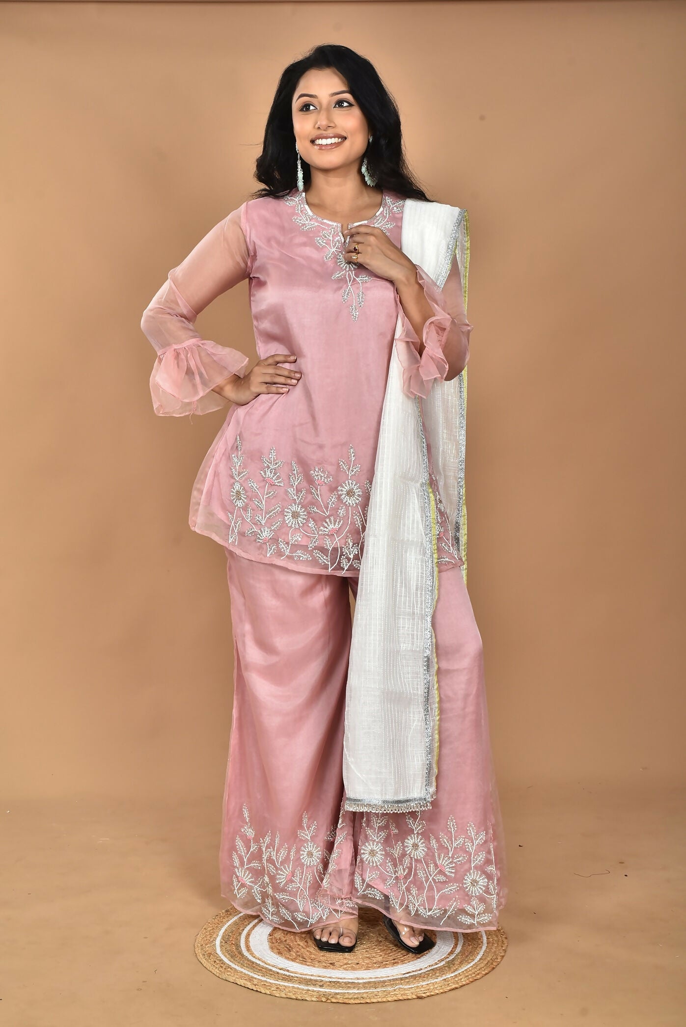 Morchari Women And Hand Embroidery Palazzo Set-Peach