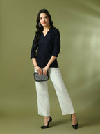 Myshka Women's Navy Blue Embellished Cotton Regular Party Tunic