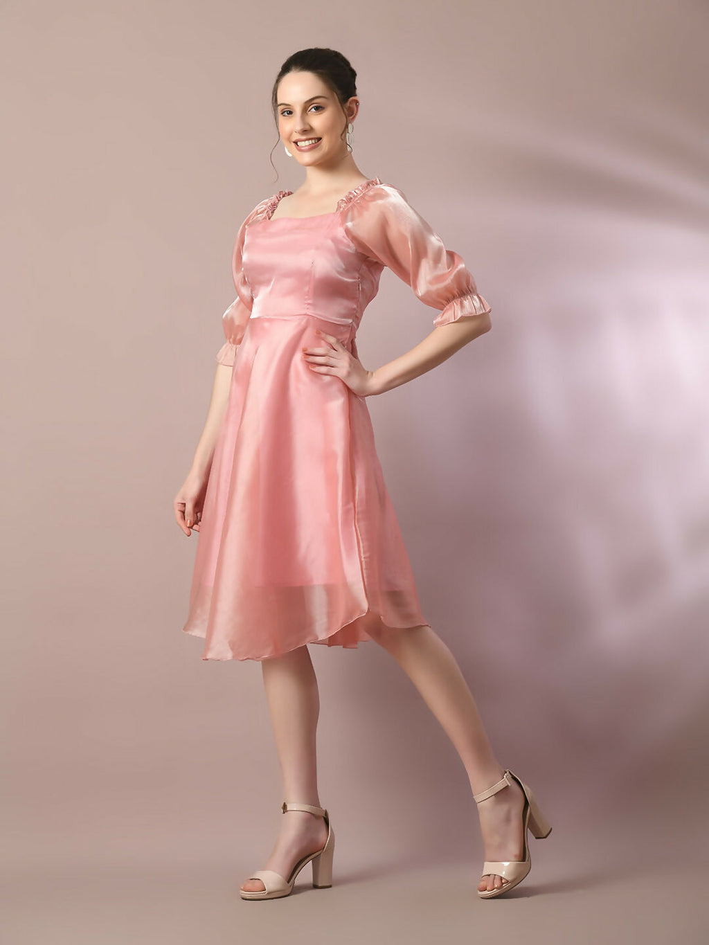 Myshka Women's Pink Solid Square Neck Fit and Flare Party Dress - Distacart