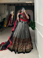 Vastranavya Kashmiri Print With Foil Print Lehenga with Unstitched Printed Blouse - Grey