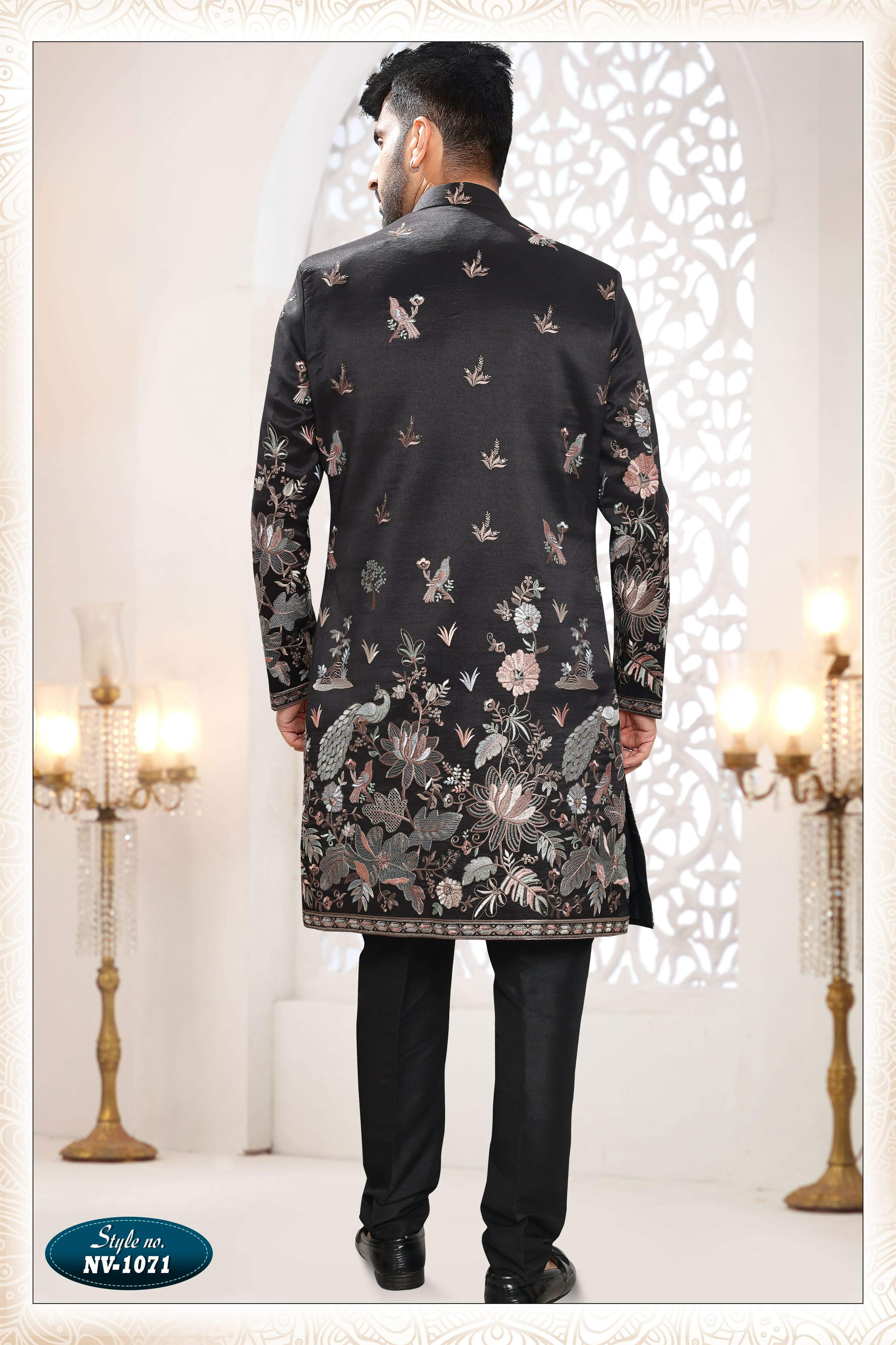 Joban Fashion Men's Black Straight Silk Thread And Sequence Embroidery All Over 3 Pc Kurta Set