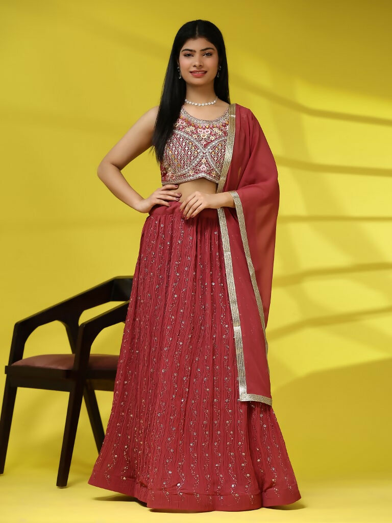Red Georgette Embroidered Lehenga choli with Dupatta - Dhara