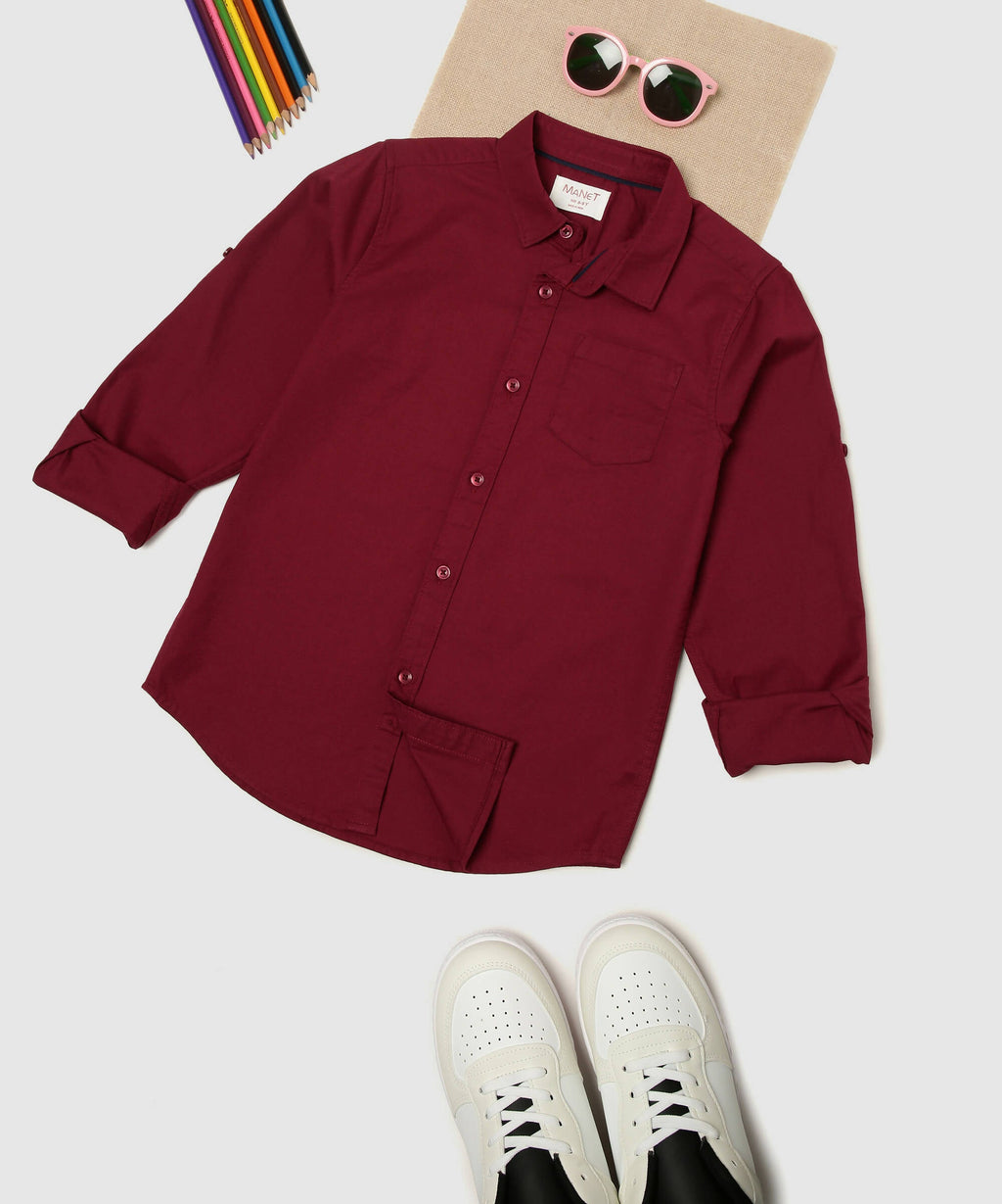 Manet Boys Full Sleeves Solid Shirt - Maroon