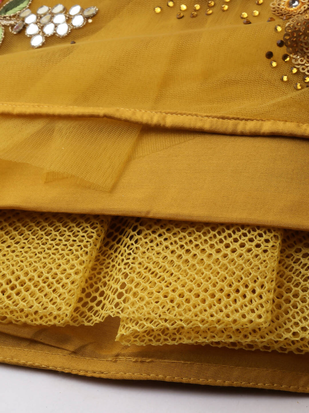 House of Panchhi Mustard Net Semi stitched Coding, Sequins & Saroski Stone Work Lehenga Choli