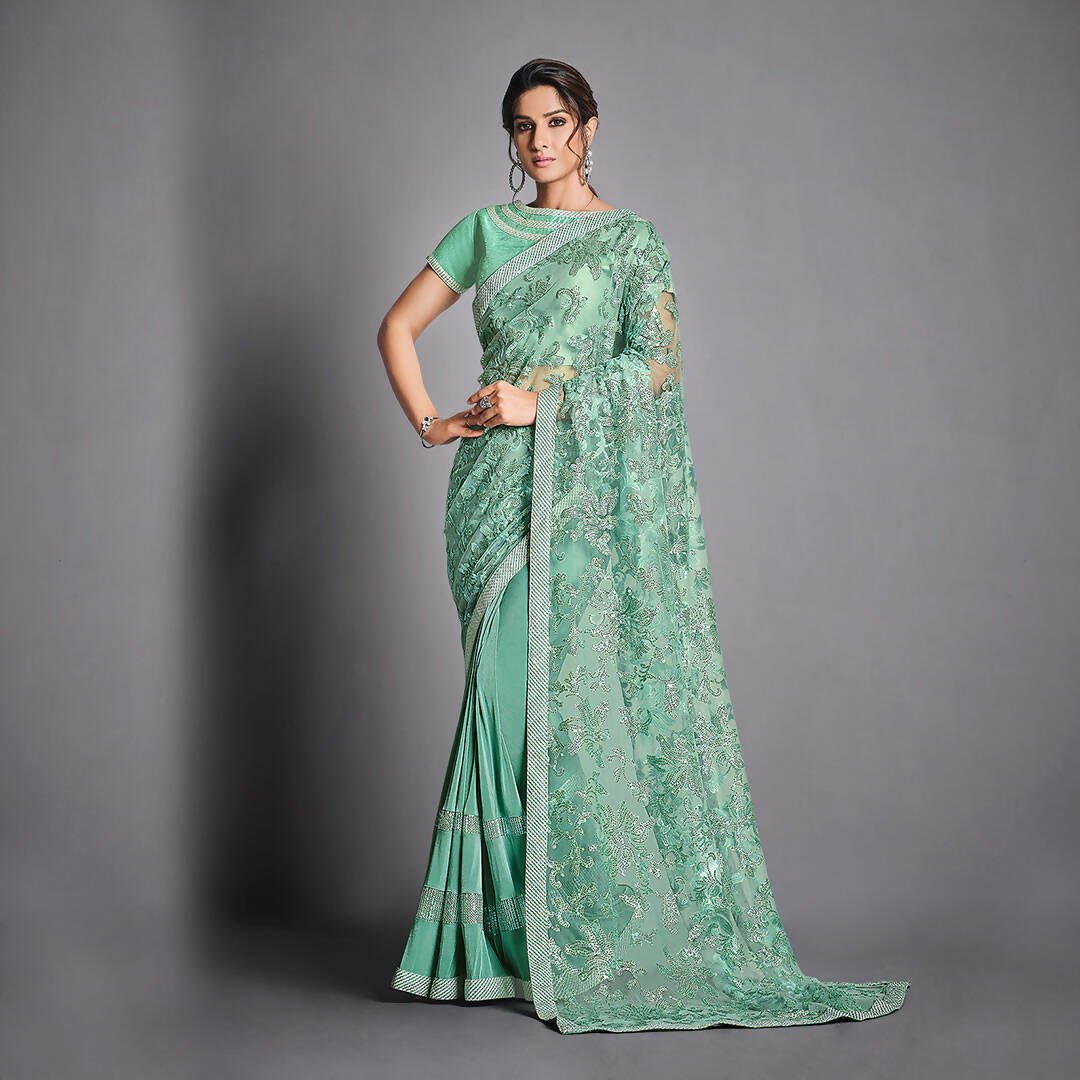 Aqua Green Lycra, Net Raw Silk Sequins Embroidery Saree - Norita Eileen
