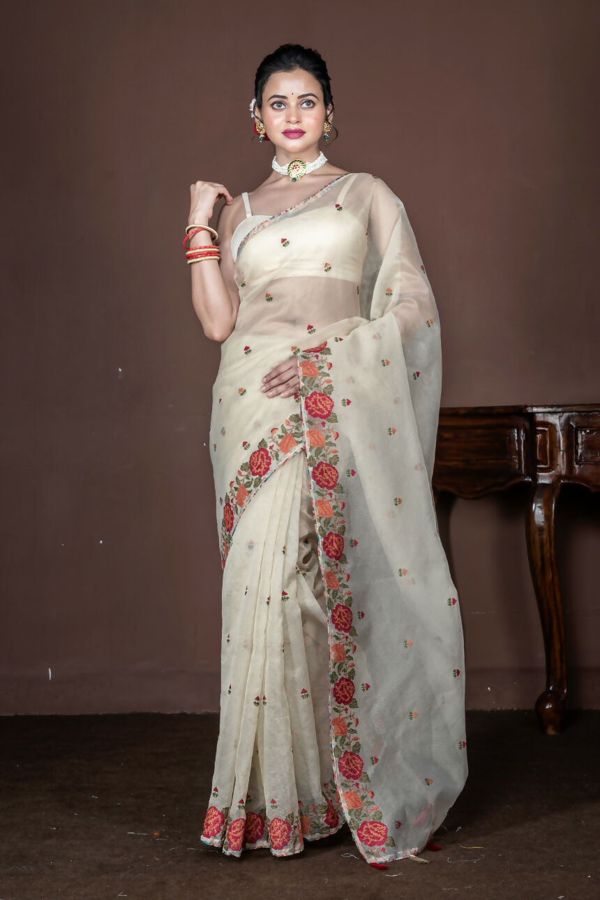 Morchari Beige Supernet Cross Embroidery Saree Unstitched Blouse - Distacart
